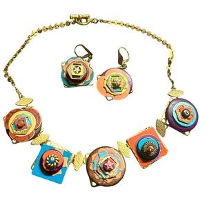 Vtg VICTORIA TANE Signed Goldtone Geometric Colorful Necklace & Earring Set
